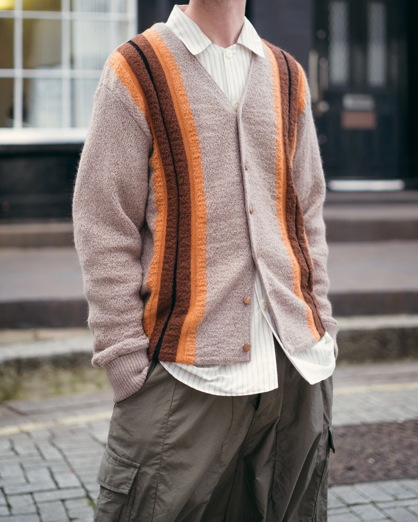 Knit Cardigan – Taupe Stripe Woven Crepe - Image 2