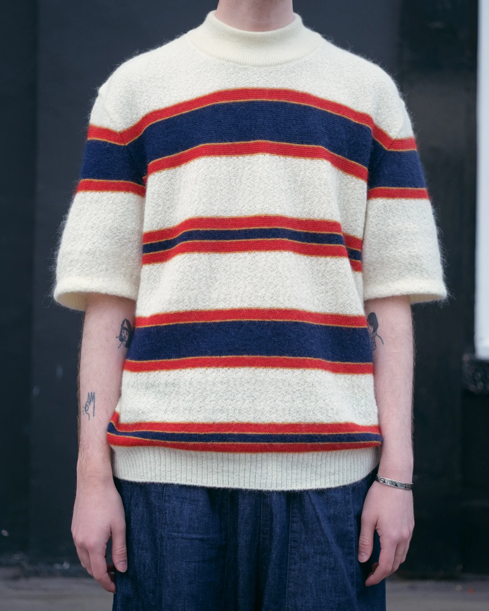 Mock Neck Short Sleeve Sweater – Ivory Woven Crepe - Image 2