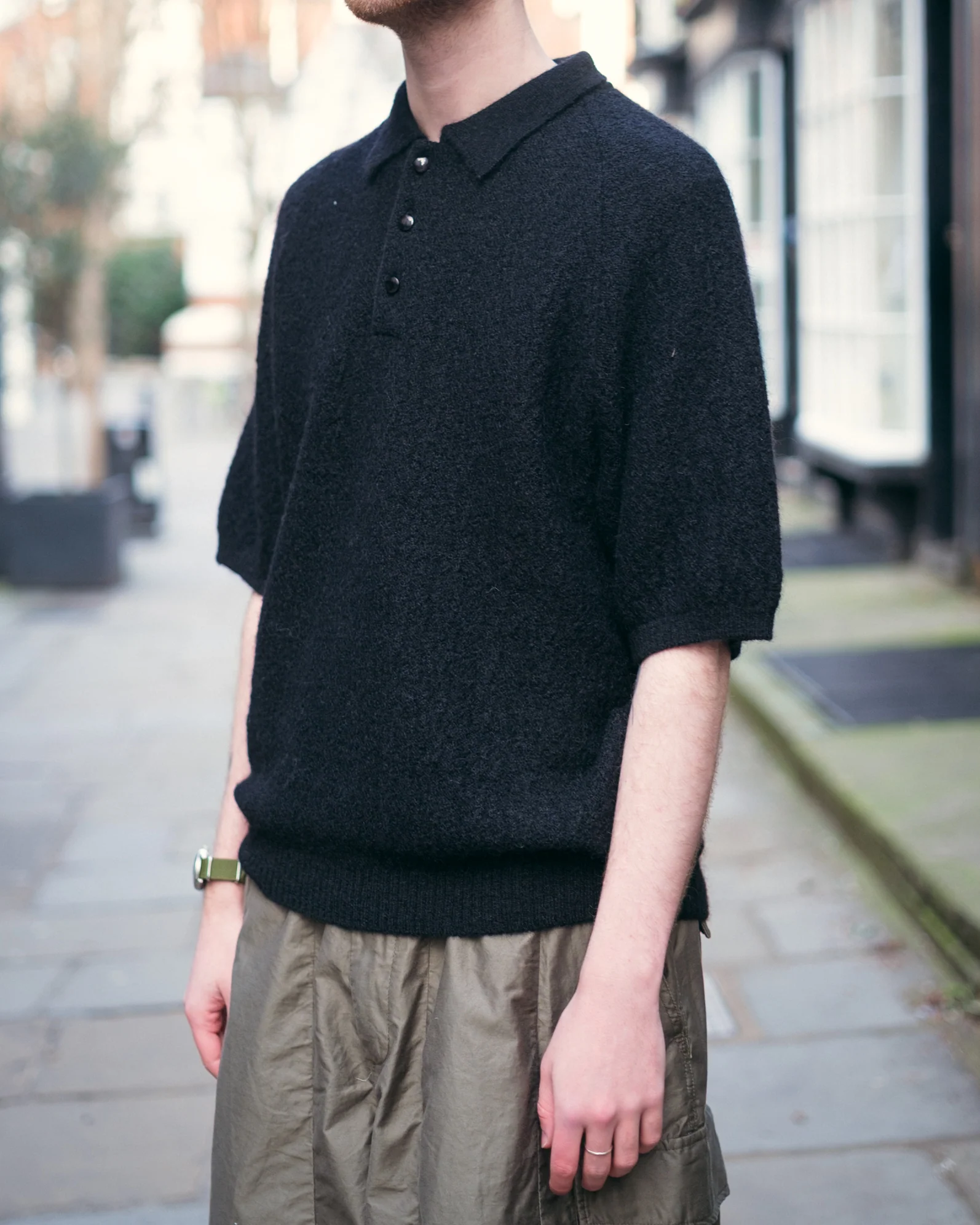 Polo Short Sleeve Sweater – Black Woven Crepe - Image 2