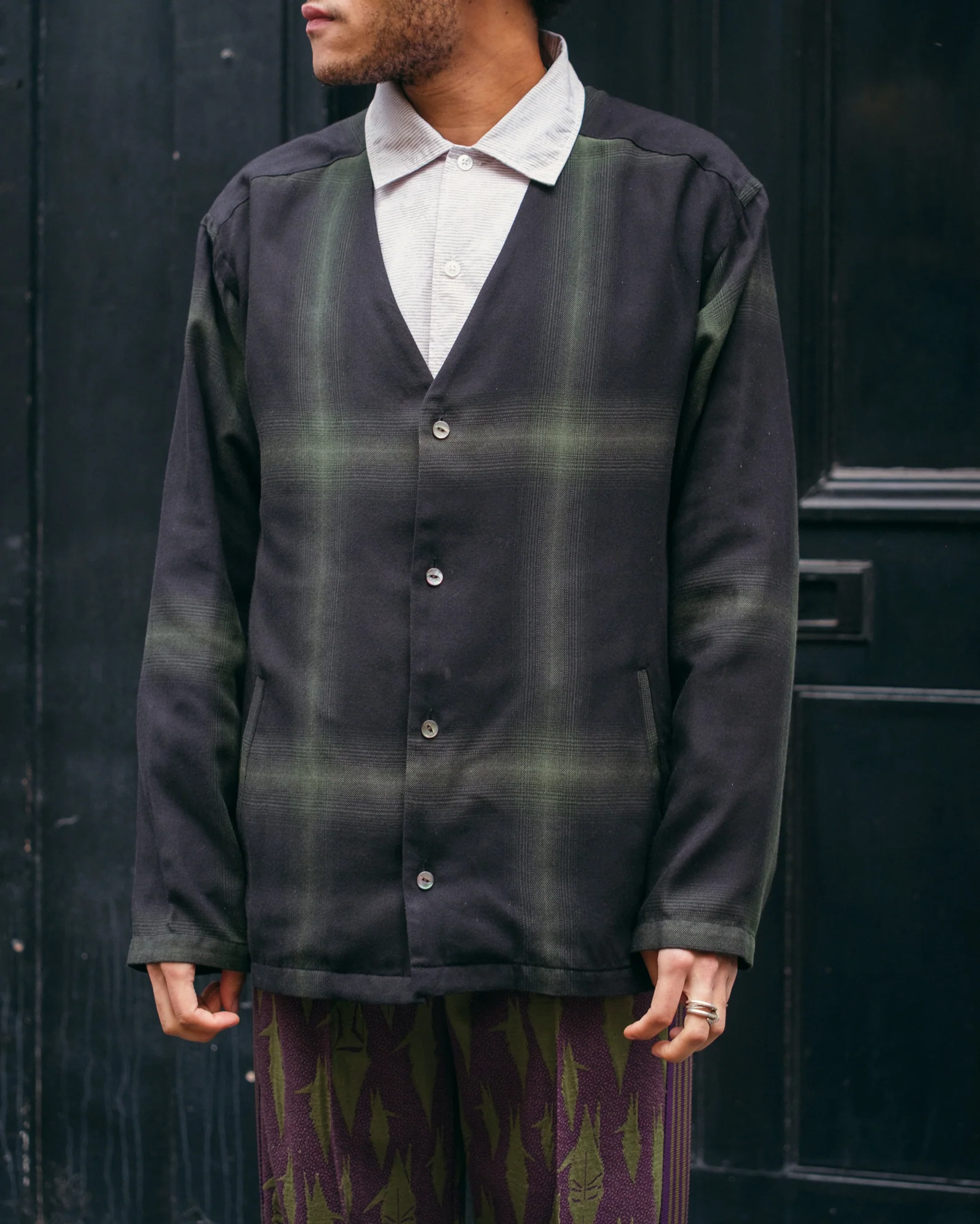 V-Neck Shirt – Black Plaid Rayon - Image 2