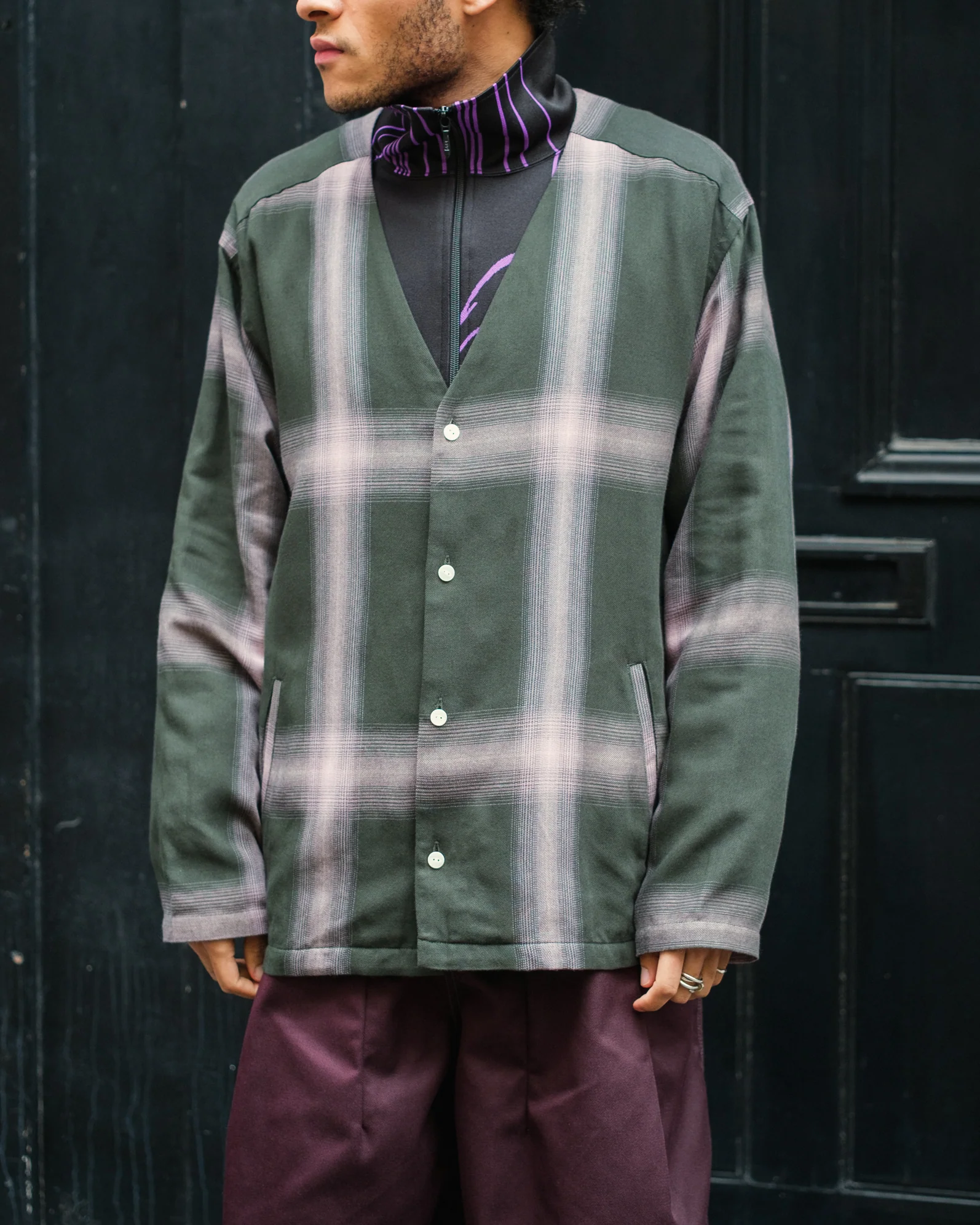 V-Neck Shirt – Green Plaid Rayon - Image 2